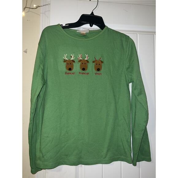 M&C sportswear green reindeer themed long sleeve shirt 3D fuzzy embroidered LG - Picture 1 of 4